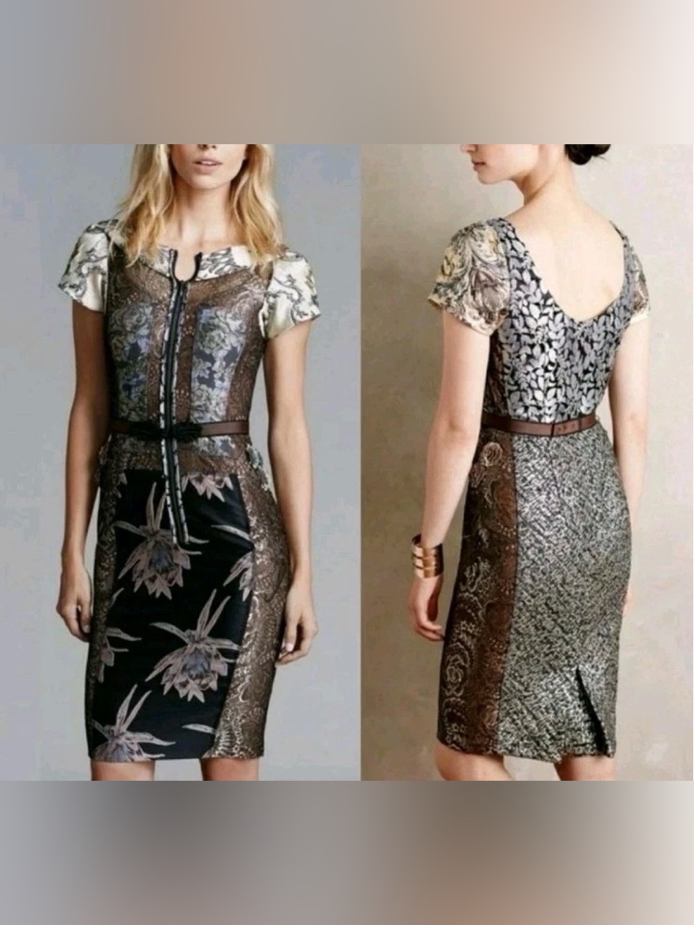 Beguile By Byron Lars Pierced Brocade Midi Dress W/ Belt Womens Size 4 Designer